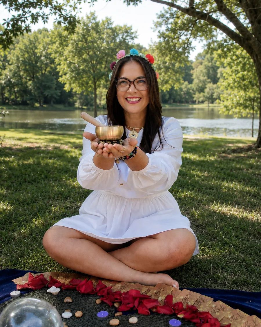 Yulexy Rodríguez sosteniendo un cuenco tibetano, sentada en la naturaleza